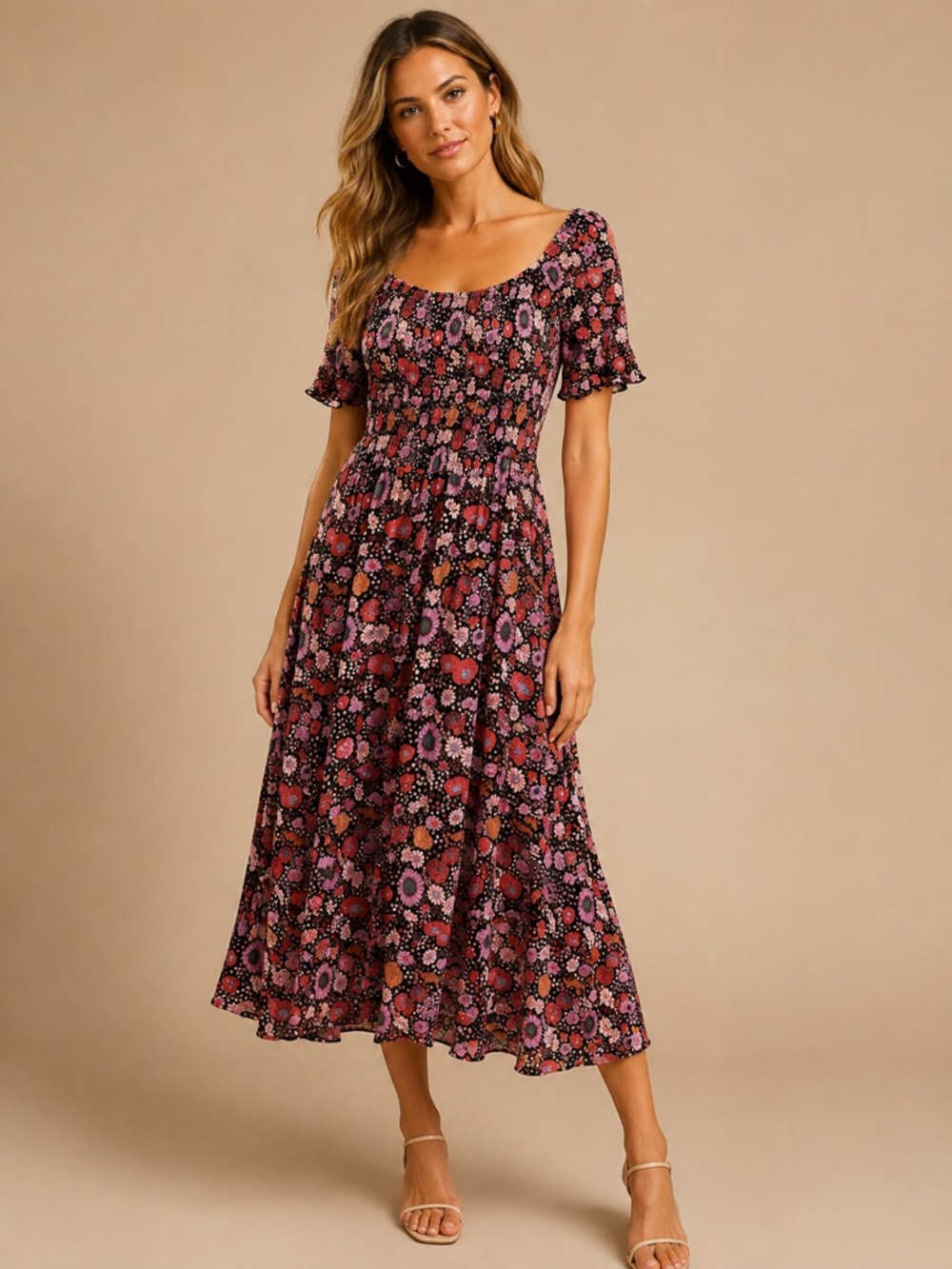 Natural Life Boho Ditsy Floral Smocked Midi Dress Size L / XL